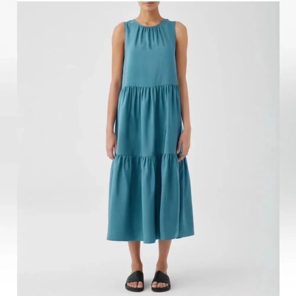 Eileen Fisher Wash Silk Habutai Round Neck Tiered Midi Dress River XXS NWT $358